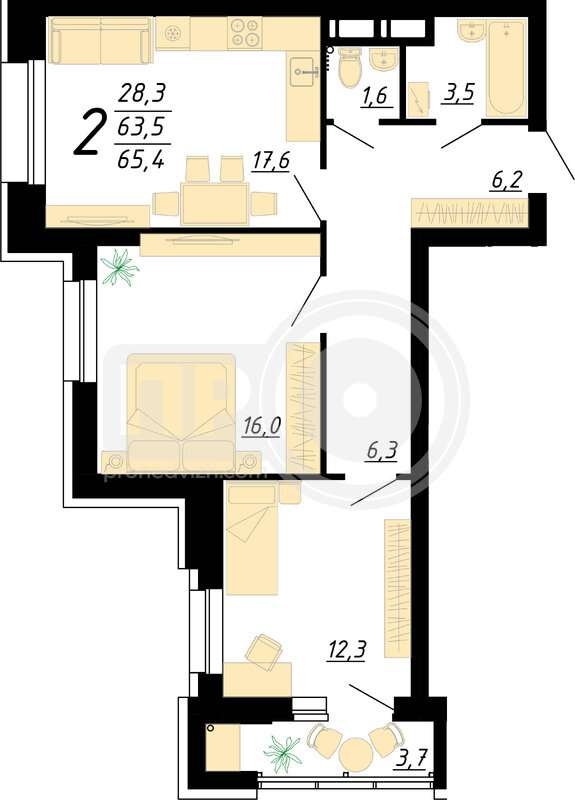 2-комнатная квартира, 65.4кв.м