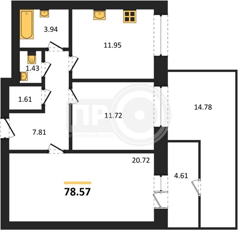 2-комнатная квартира, 78.57кв.м