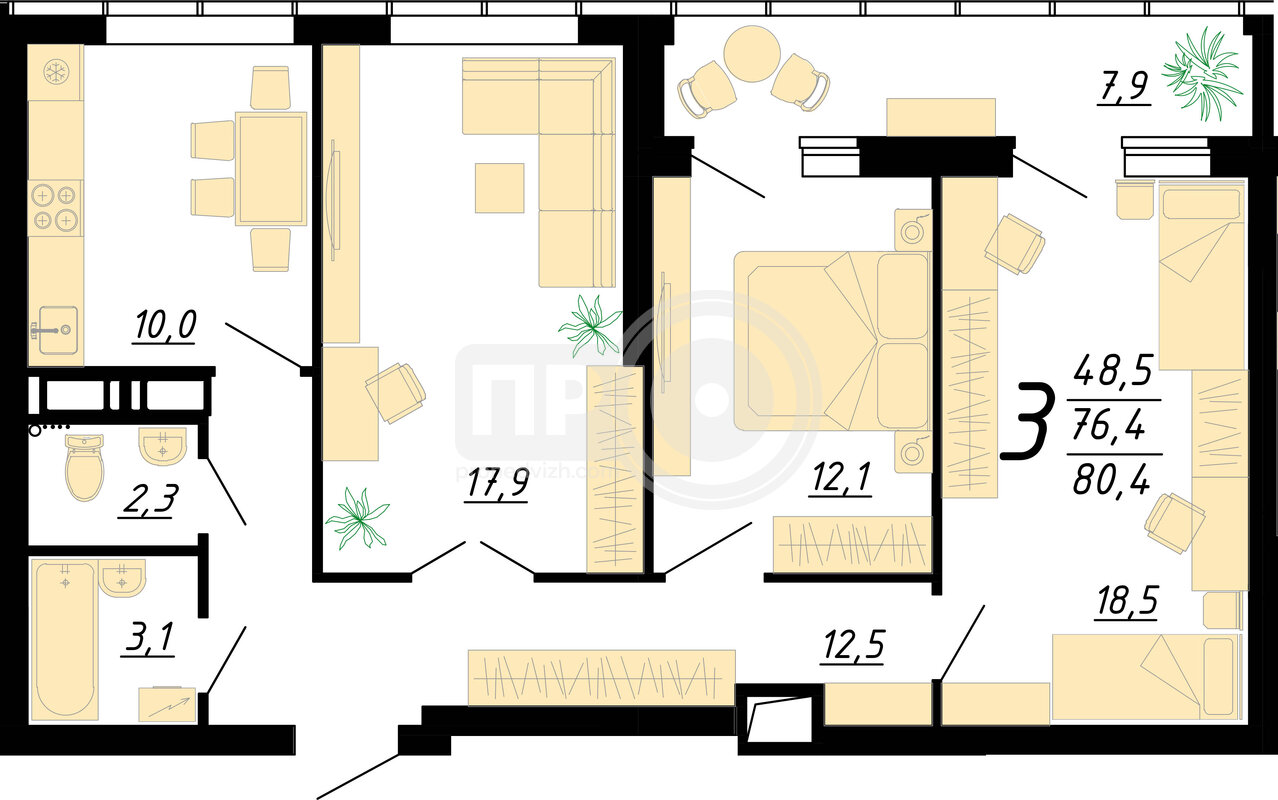 3-комнатная квартира, 80.4кв.м