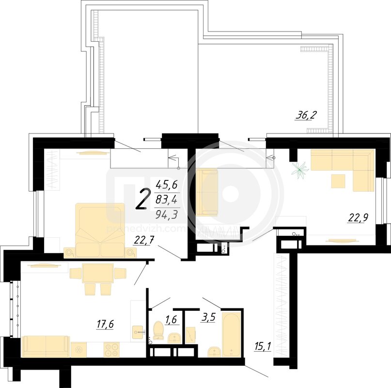 2-комнатная квартира, 94.3кв.м