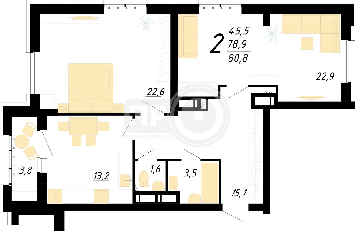 2-комнатная квартира, 80.8кв.м