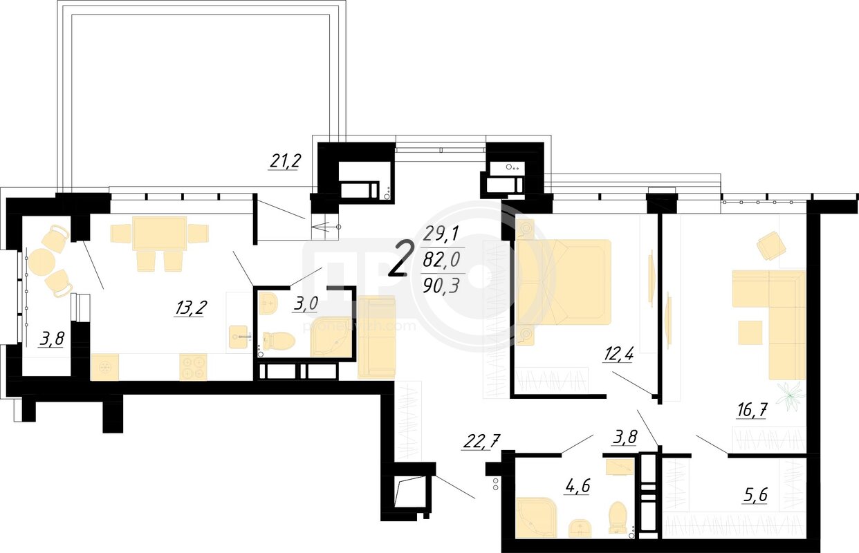 2-комнатная квартира, 90.3кв.м
