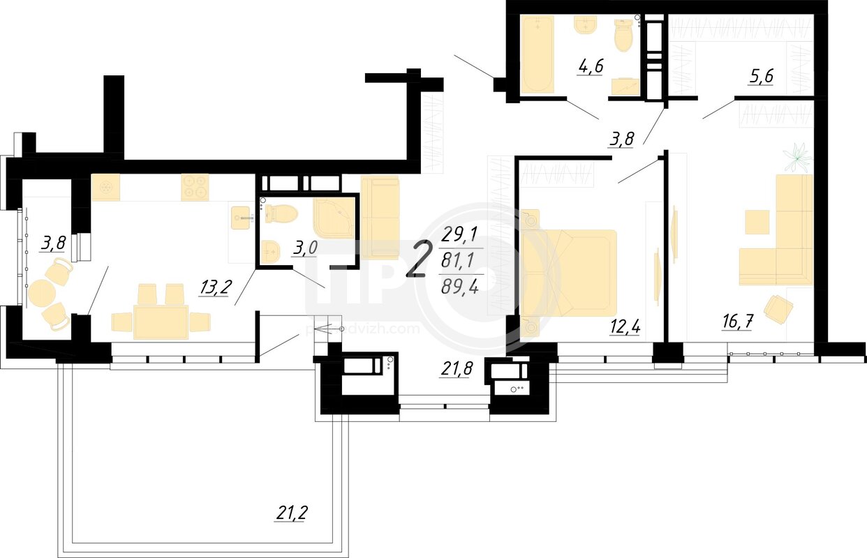 2-комнатная квартира, 89.4кв.м
