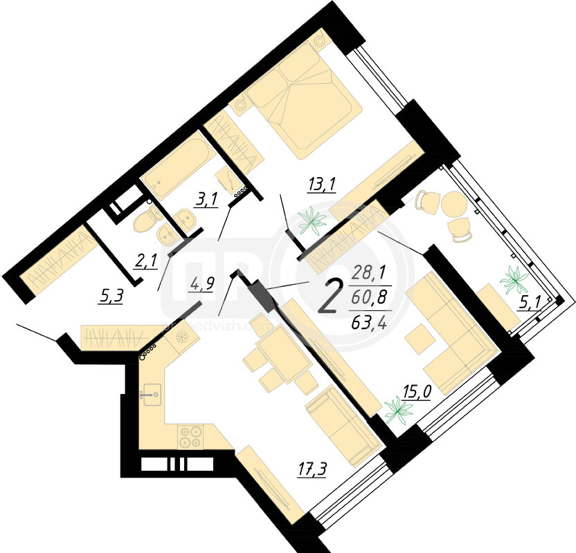 2-комнатная квартира, 63.5кв.м