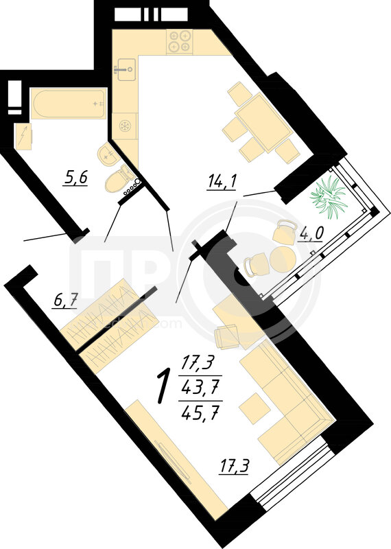 1-комнатная квартира, 45.8кв.м