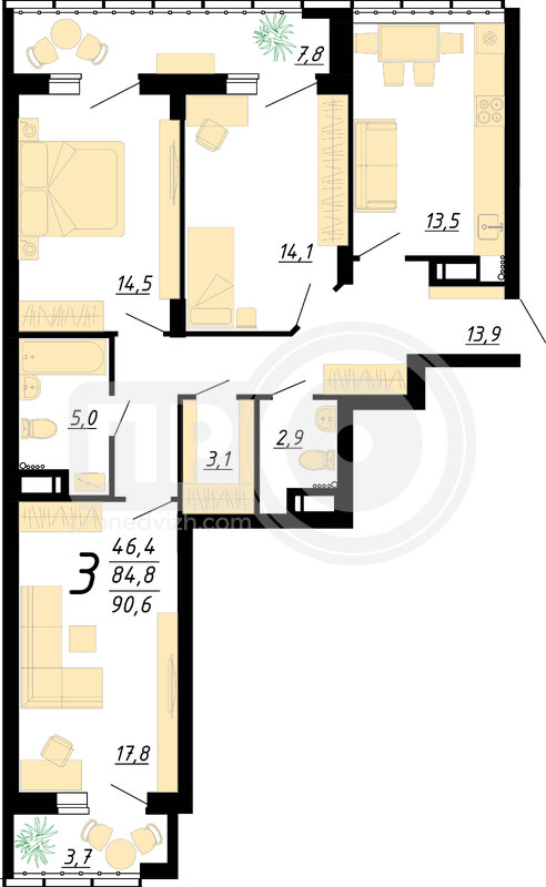 3-комнатная квартира, 90.6кв.м