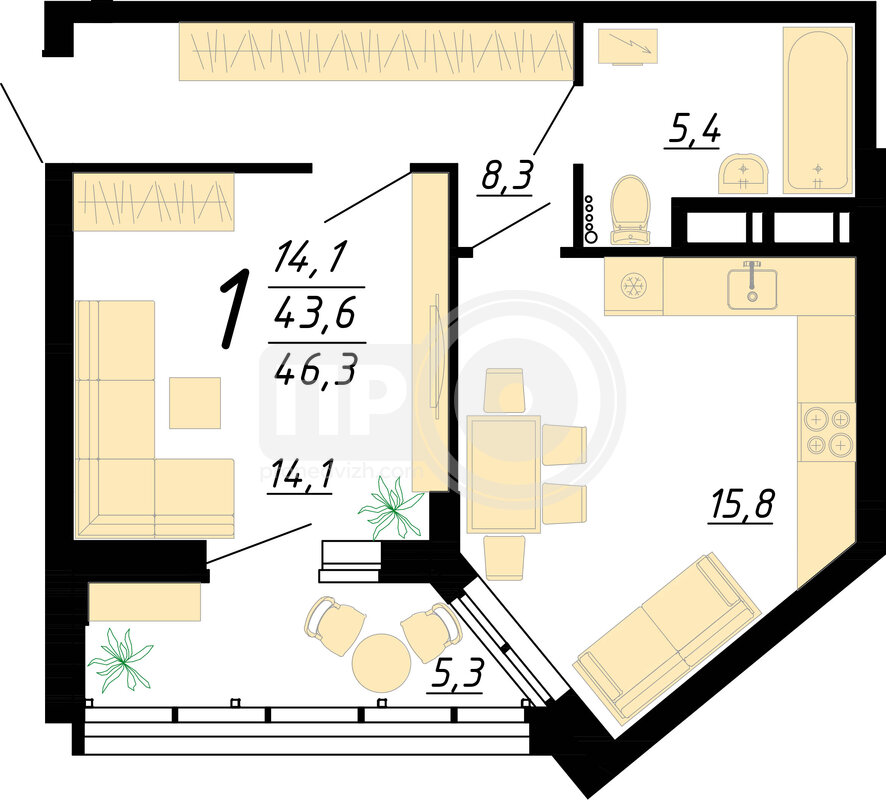 1-комнатная квартира, 46.3кв.м