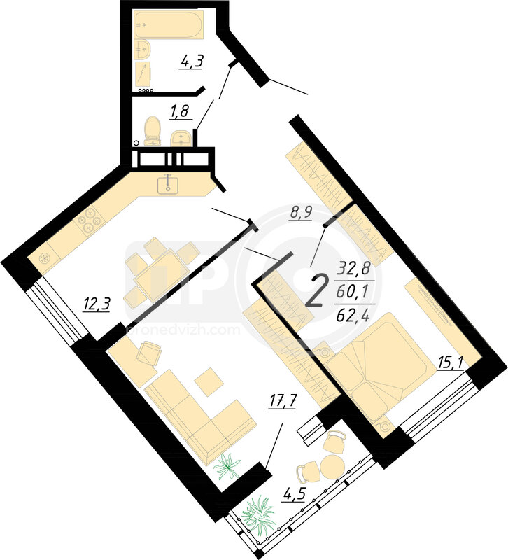 2-комнатная квартира, 62.4кв.м
