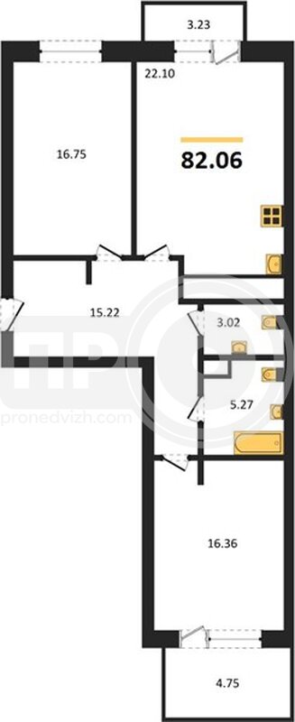 2-комнатная квартира, 82.06кв.м