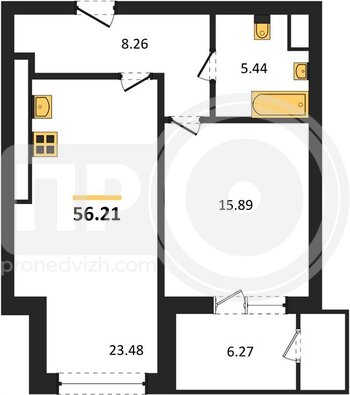 Миниатюра 1-комнатная квартира, 56.21кв.м