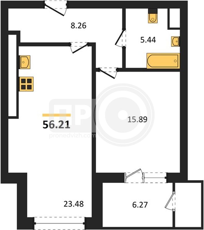 1-комнатная квартира, 56.21кв.м