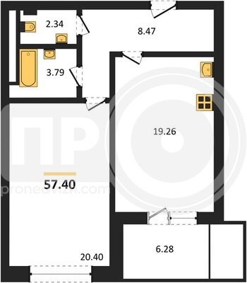 Миниатюра 1-комнатная квартира, 57.4кв.м