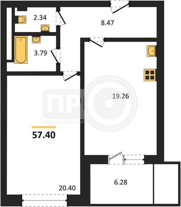 1-комнатная квартира, 57.4кв.м