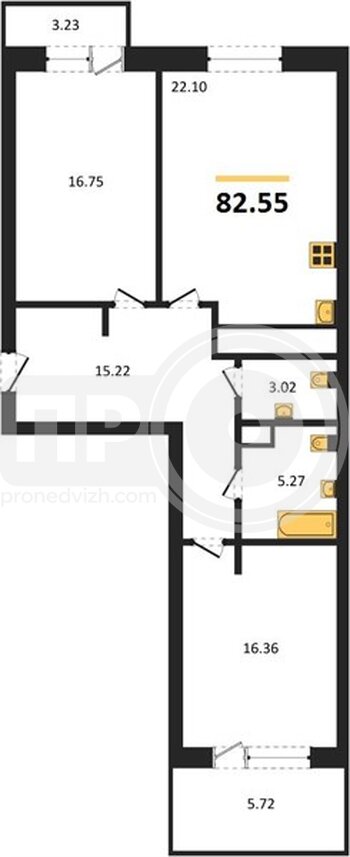 Миниатюра 2-комнатная квартира, 82.55кв.м