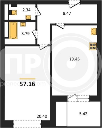 Миниатюра 1-комнатная квартира, 57.16кв.м