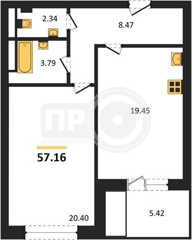 1-комнатная квартира, 57.16кв.м