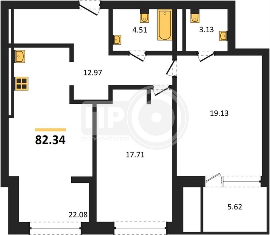 2-комнатная квартира, 82.34кв.м