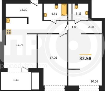 Миниатюра 2-комнатная квартира, 82.58кв.м