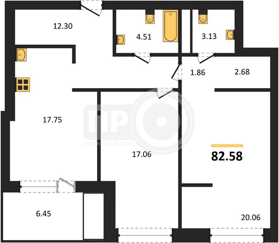 2-комнатная квартира, 82.58кв.м