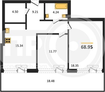 Миниатюра 2-комнатная квартира, 68.95кв.м