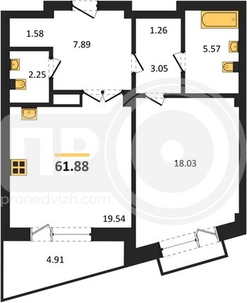 Миниатюра 1-комнатная квартира, 61.88кв.м