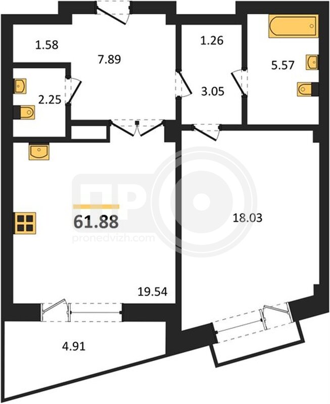 1-комнатная квартира, 61.88кв.м