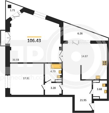 Миниатюра 2-комнатная квартира, 106.43кв.м