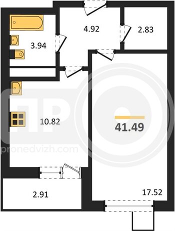 Миниатюра 1-комнатная квартира, 41.49кв.м