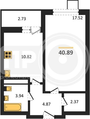 Миниатюра 1-комнатная квартира, 40.89кв.м