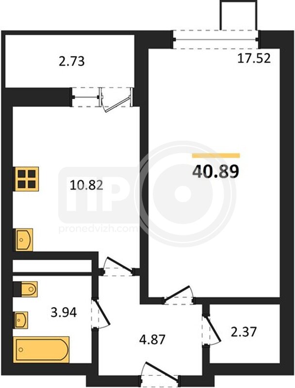 1-комнатная квартира, 40.89кв.м