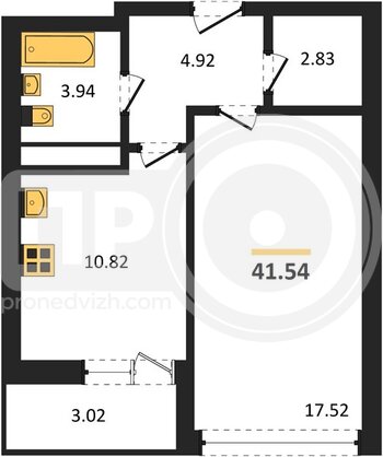 Миниатюра 1-комнатная квартира, 41.54кв.м
