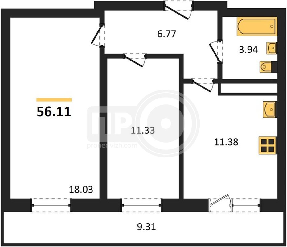 2-комнатная квартира, 56.11кв.м