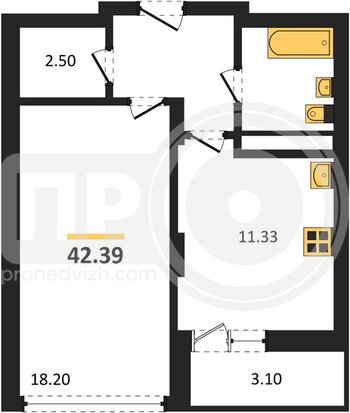 Миниатюра 1-комнатная квартира, 42.39кв.м