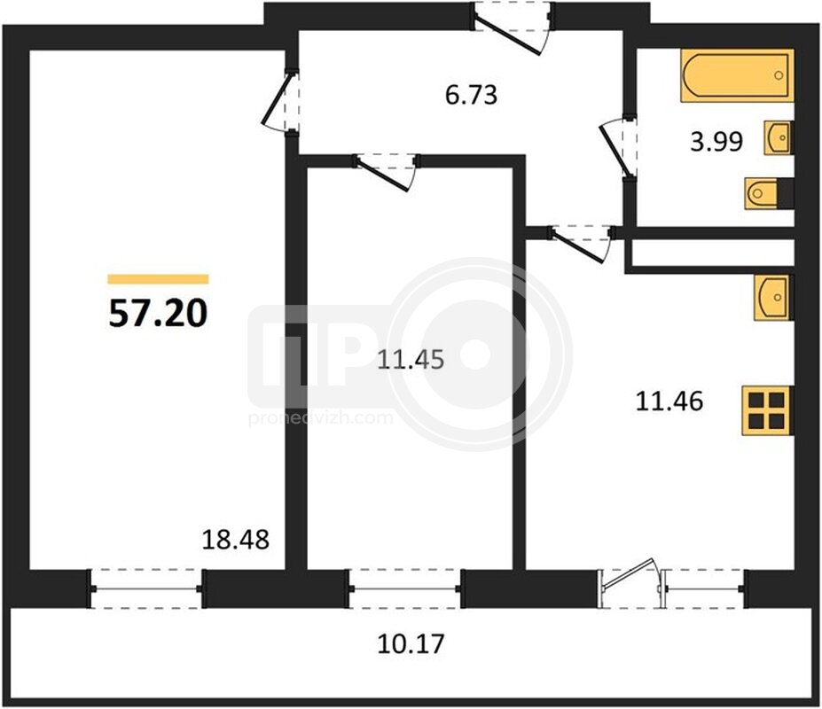 2-комнатная квартира, 57.2кв.м