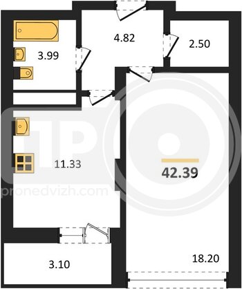 Миниатюра 1-комнатная квартира, 42.39кв.м