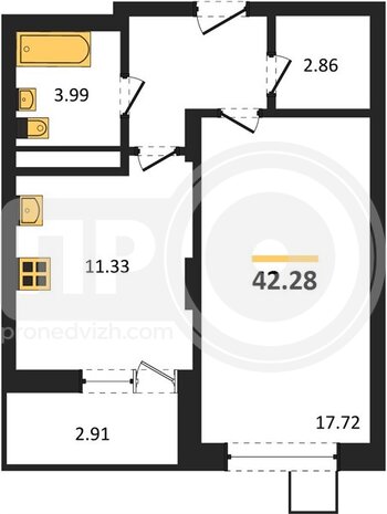 Миниатюра 1-комнатная квартира, 42.28кв.м