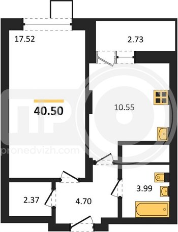 Миниатюра 1-комнатная квартира, 40.5кв.м