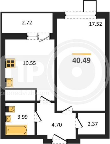 Миниатюра 1-комнатная квартира, 40.49кв.м