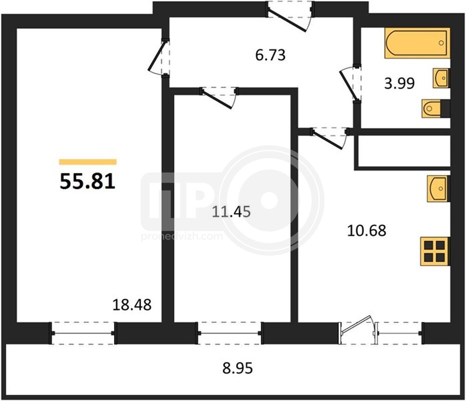 2-комнатная квартира, 55.81кв.м
