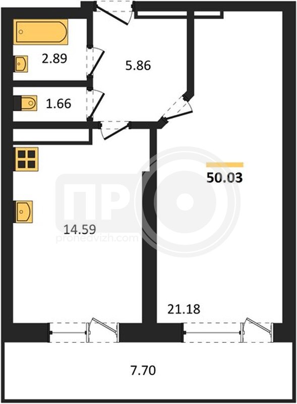 1-комнатная квартира, 50.03кв.м