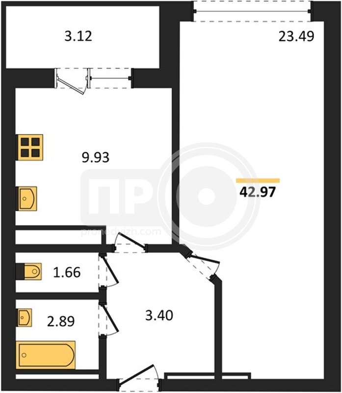 1-комнатная квартира, 42.97кв.м