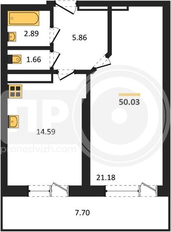 Миниатюра 1-комнатная квартира, 50.03кв.м