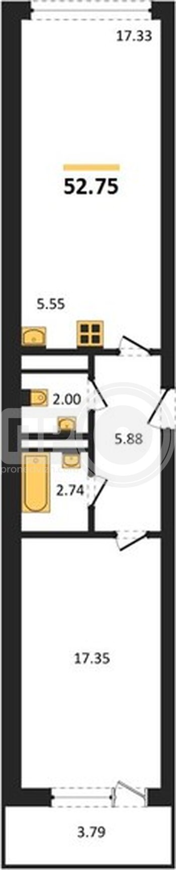 Миниатюра 1-комнатная квартира, 52.75кв.м