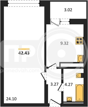 Миниатюра 1-комнатная квартира, 42.43кв.м