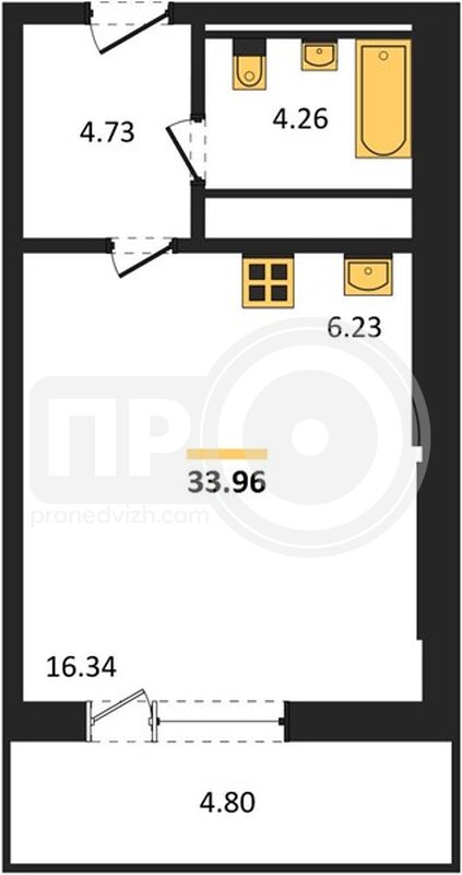 квартира-студия, 33,96кв.м.