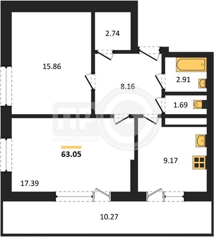 2-комнатная квартира, 63.05кв.м
