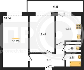 Миниатюра 2-комнатная квартира, 56.26кв.м