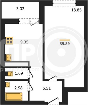 Миниатюра 1-комнатная квартира, 39.89кв.м