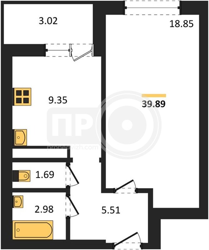 1-комнатная квартира, 39.89кв.м