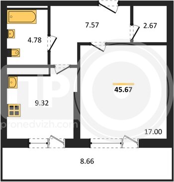 Миниатюра 1-комнатная квартира, 45.67кв.м